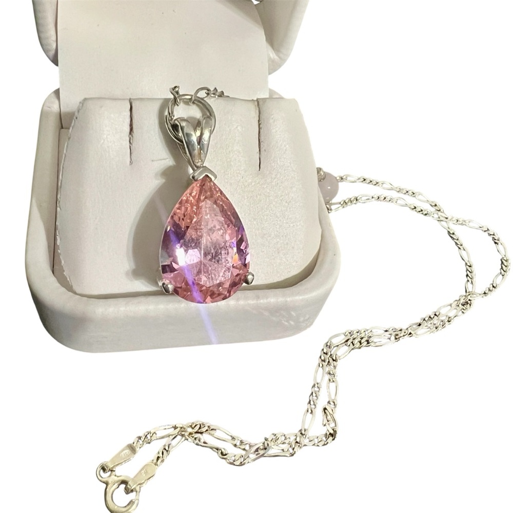 Stunning Pink CZ Teardrop and Sterling Silver Necklace